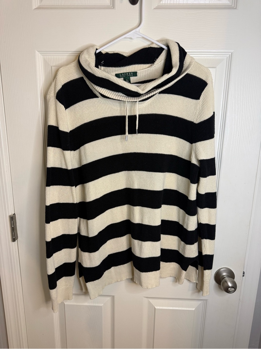 Ralph Lauren Black and Cream Striped Cowl Neck Sweater